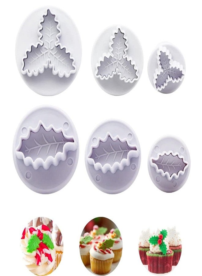 Orapink 6 Pieces Holly Leaf Cookie Cutters Plunger Set 3D Christmas Biscuit Fondant Cutter for Baking,Cake Decorations - Image 1