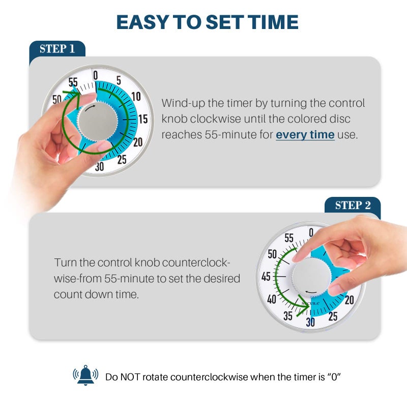 Secura 60-Minute Visual Timer 6-Inch Mechanical Countdown Timers for Teaching, Meeting, Cooking, Working - Timer for Kids with Magnetic Backing, Foldable Legs, Hanging Hole (Blue) - Image 2