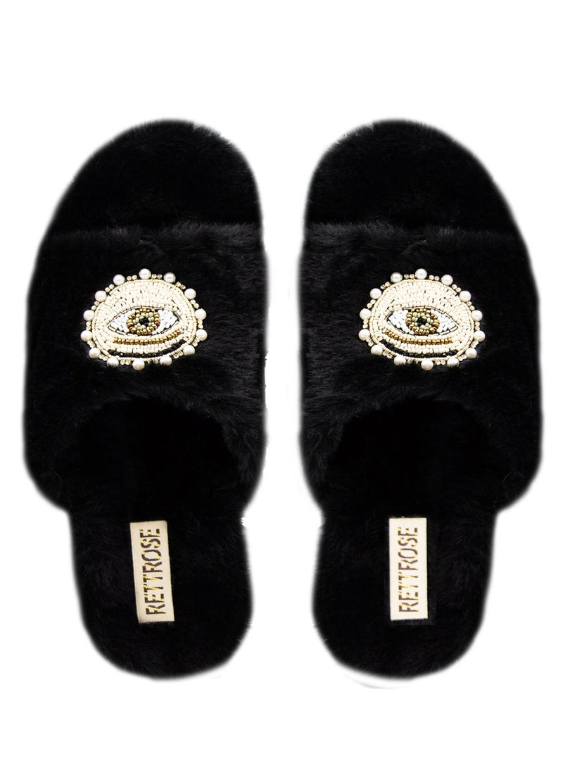 RETTROSE The Molly Black Luxury Plush Diamanté Embellished Handmade Slipper 