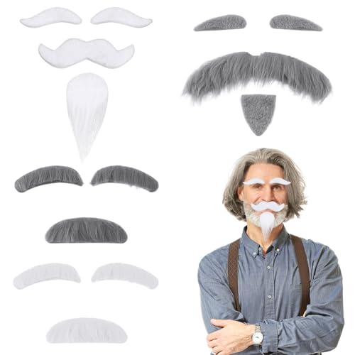 HaiFafafaing 4 Sets Fake Mustache White Grey Fake Beard Self Adhesive Old Man Stick on Mustache Moustache and Eyebrows for Men Women Costume Party Carnival Pretend - Image 1