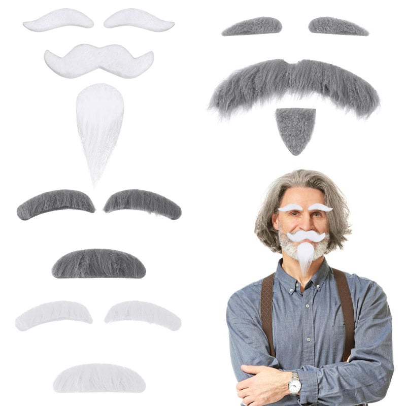 HaiFafafaing 4 Sets Fake Mustache White Grey Fake Beard Self Adhesive Old Man Stick on Mustache Moustache and Eyebrows for Men Women Costume Party Carnival Pretend - Image 3