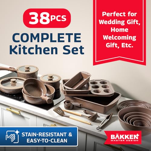 BAKKENMASTER Bakken Master 38 Piece Granite Cookware and Bakeware Set – Nonstick Granite Coating, Pots and Pans with Detachable Handles and Tempered Glass Lids, 6-piece Bakeware set, 12-piece Mixing Bowls,Brown - Image 5