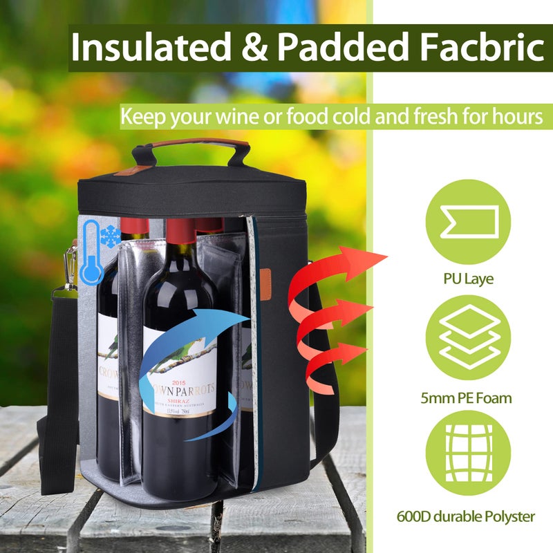 Tirrinia 4 Bottle Wine Gift Tote Carrier - Leakproof & Insulated Padded Versatile Wine Cooler Bag for Travel, BYOB Restaurant, Wine Tasting, Party, Dinner,Gift for Wine Lovers, Black - Image 5