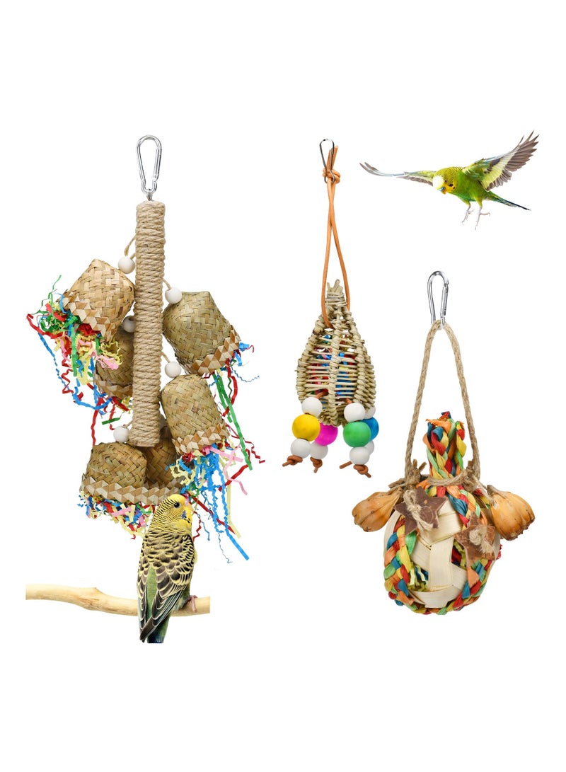 Excefore 3 قطع من ألعاب مضغ قشر الذرة من الخيزران، ألعاب يدوية الصنع من أوراق النخيل من الخيزران، ألعاب بحث عن الطعام، ألعاب تمزيق أرجوحة معلقة للطيور الصغيرة للطيور الببغاء والكوكاتيل وطيور الحب - Image 1