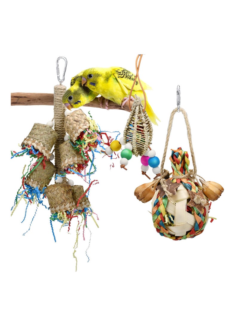 Excefore 3 قطع من ألعاب مضغ قشر الذرة من الخيزران، ألعاب يدوية الصنع من أوراق النخيل من الخيزران، ألعاب بحث عن الطعام، ألعاب تمزيق أرجوحة معلقة للطيور الصغيرة للطيور الببغاء والكوكاتيل وطيور الحب - Image 4