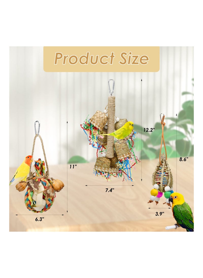 Excefore 3 قطع من ألعاب مضغ قشر الذرة من الخيزران، ألعاب يدوية الصنع من أوراق النخيل من الخيزران، ألعاب بحث عن الطعام، ألعاب تمزيق أرجوحة معلقة للطيور الصغيرة للطيور الببغاء والكوكاتيل وطيور الحب - Image 5
