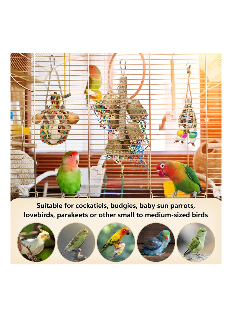 Excefore 3 قطع من ألعاب مضغ قشر الذرة من الخيزران، ألعاب يدوية الصنع من أوراق النخيل من الخيزران، ألعاب بحث عن الطعام، ألعاب تمزيق أرجوحة معلقة للطيور الصغيرة للطيور الببغاء والكوكاتيل وطيور الحب - Image 2