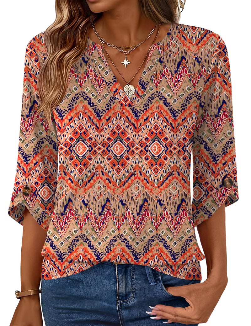 Kistore Cute Summer Shirts for Women 3/4 Sleeve Dressy Casual V Neck Boho Tops Professional Blouses for Work Multi Orange S - Image 1