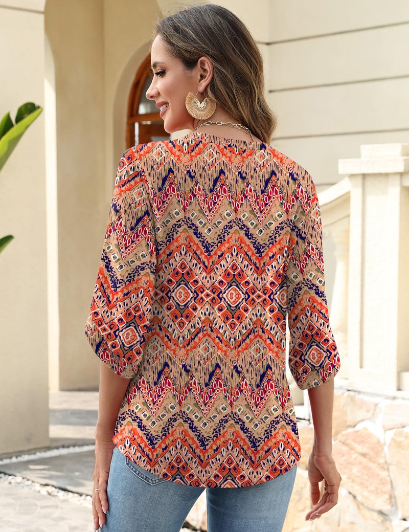 Kistore Cute Summer Shirts for Women 3/4 Sleeve Dressy Casual V Neck Boho Tops Professional Blouses for Work Multi Orange S - Image 4