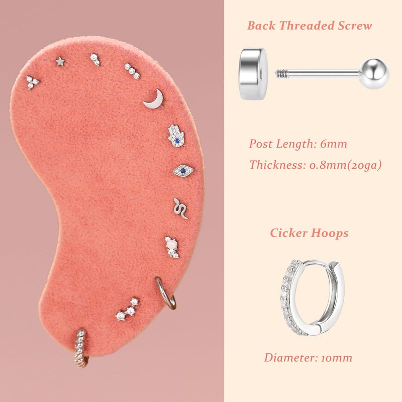 Krfy 25Pcs Hypoallergenic Surgical Steel Earrings for Sensitive Ears Silver Flat Back Cartilage Earrings Women Men Clear CZ Screw Back Flatback Stud Hoop Earring Set for Multiple Piercing - Image 2