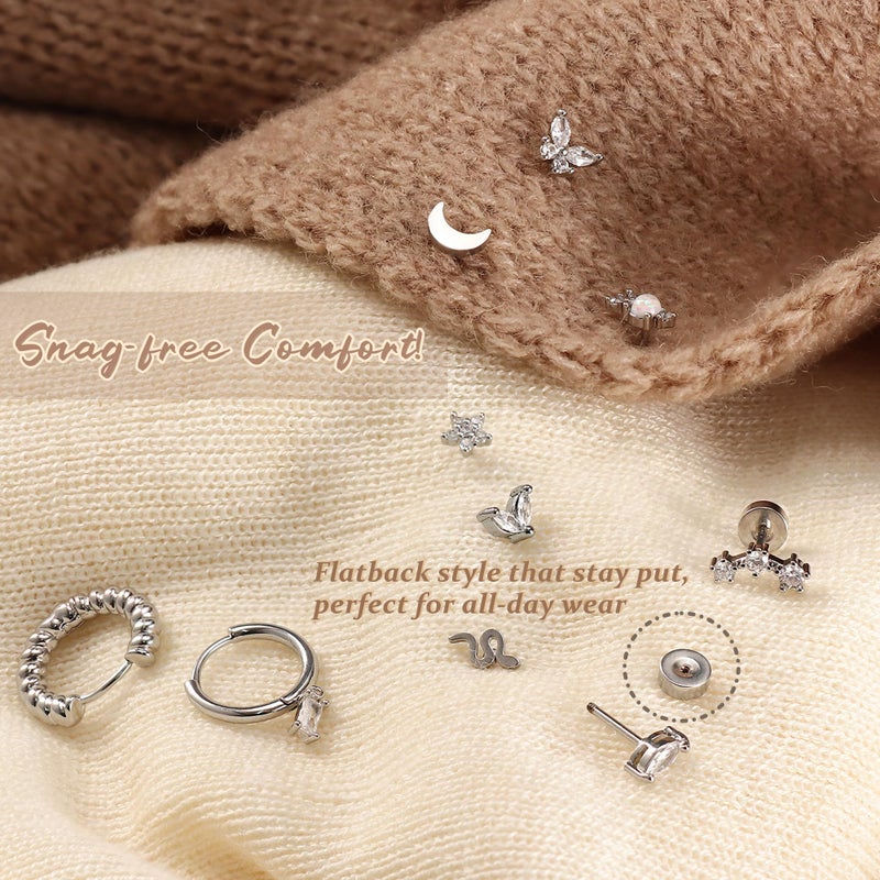 Krfy 25Pcs Hypoallergenic Surgical Steel Earrings for Sensitive Ears Silver Flat Back Cartilage Earrings Women Men Clear CZ Screw Back Flatback Stud Hoop Earring Set for Multiple Piercing - Image 5