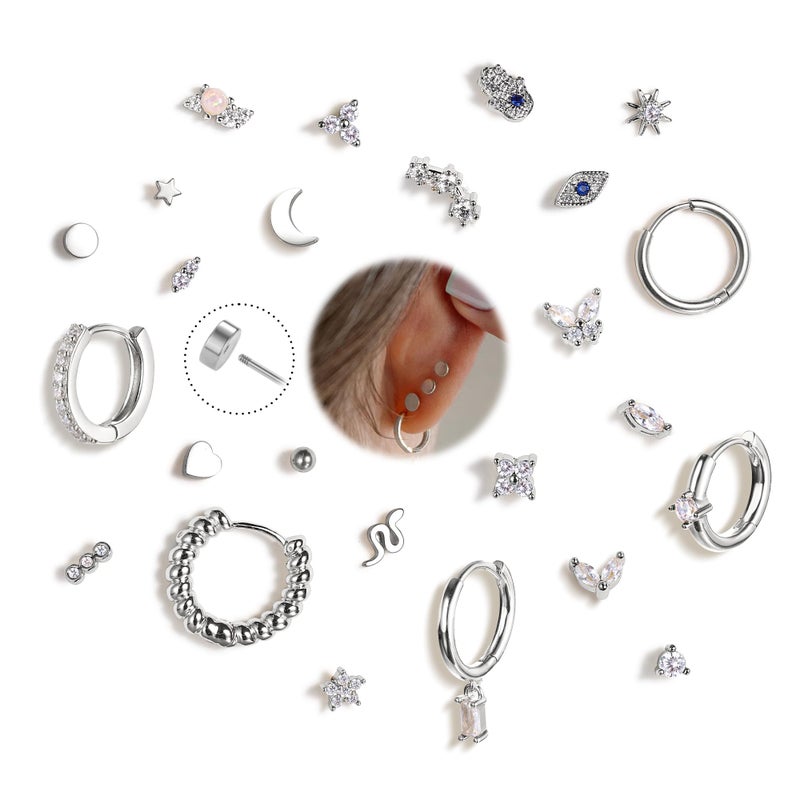 Krfy 25Pcs Hypoallergenic Surgical Steel Earrings for Sensitive Ears Silver Flat Back Cartilage Earrings Women Men Clear CZ Screw Back Flatback Stud Hoop Earring Set for Multiple Piercing - Image 1
