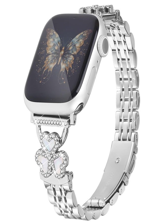 JOYOZY Women Bands Compatible with Apple Watch Band 40mm (42mm Series 10) 41mm 38mm, Sliver Clover Jewelry Metal Strap Replacement Adjustable Wristband for Iwatch Bands Series 10/9/8/7/6/5/4/3/2/1/SE - Image 1