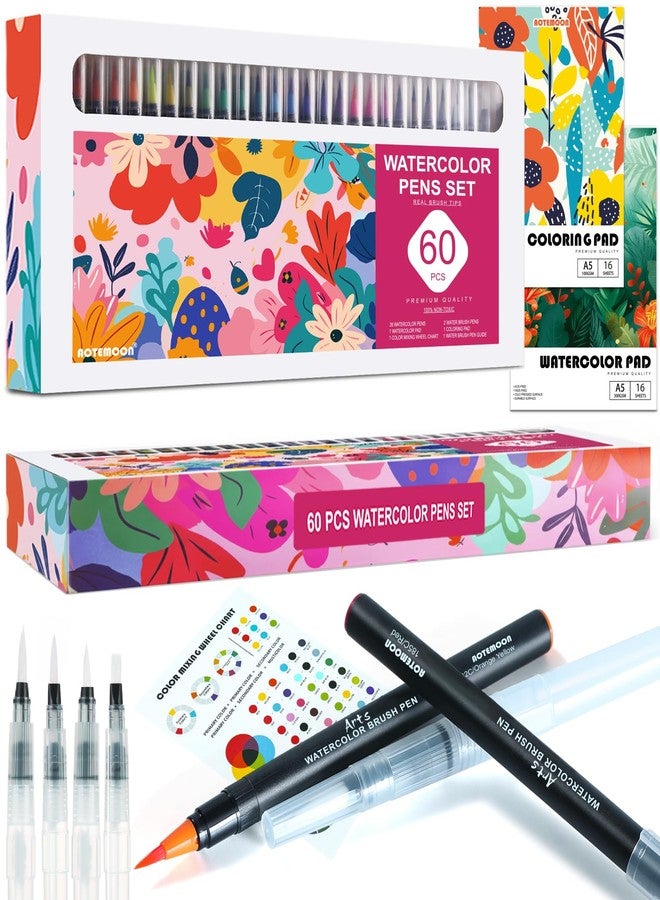 AOTEMOON Art Supplies Gifts for Girls Teens Beginners, 60 Watercolor Pens Set Includes 52 Vivid Colors, Real Brush Tips Paint Markers Set with 4 Blender Pens, Watercolor Book and Coloring Book - Image 1