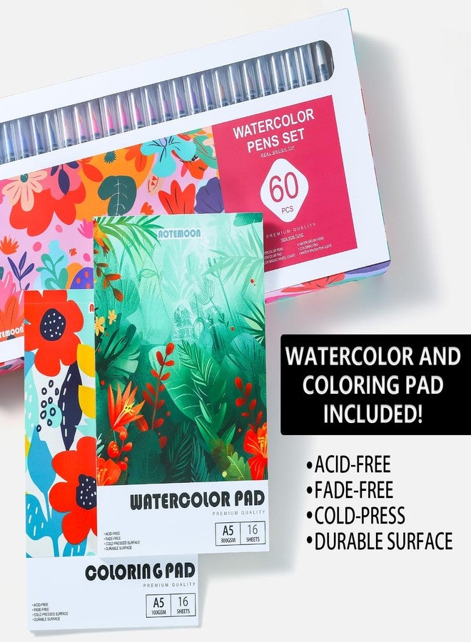 AOTEMOON Art Supplies Gifts for Girls Teens Beginners, 60 Watercolor Pens Set Includes 52 Vivid Colors, Real Brush Tips Paint Markers Set with 4 Blender Pens, Watercolor Book and Coloring Book - Image 5
