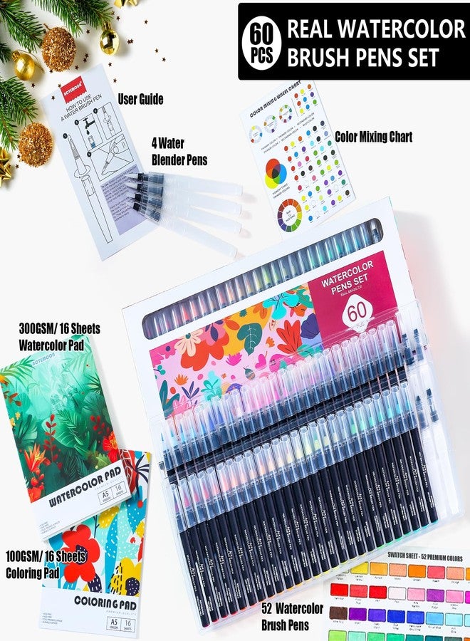 AOTEMOON Art Supplies Gifts for Girls Teens Beginners, 60 Watercolor Pens Set Includes 52 Vivid Colors, Real Brush Tips Paint Markers Set with 4 Blender Pens, Watercolor Book and Coloring Book - Image 2