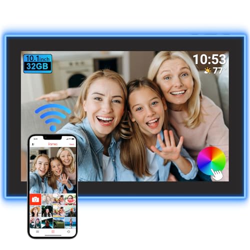 akimart 32GB FRAMEO 10.1 Inch WiFi Digital Photo Frame with Neon Light, 1280x800 HD IPS LCD Touch Screen, Auto-Rotate, 32GB Storage, Support USB Drive/SD Card Extend Storage, Share Moments via Frameo App - Image 1