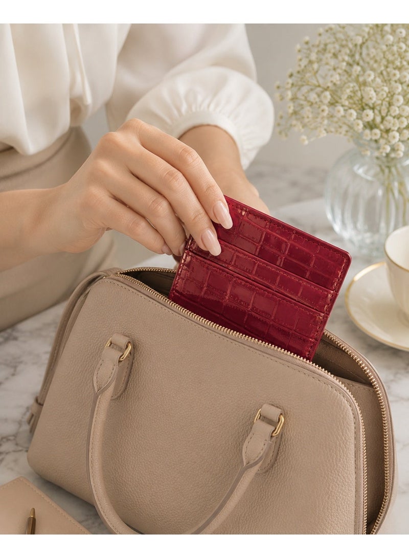 zoba Small women's wallet with a glossy crocodile leather design – multi-pocket card and wallet – slim wallet for Visa, cash, and ID – red color - Image 5