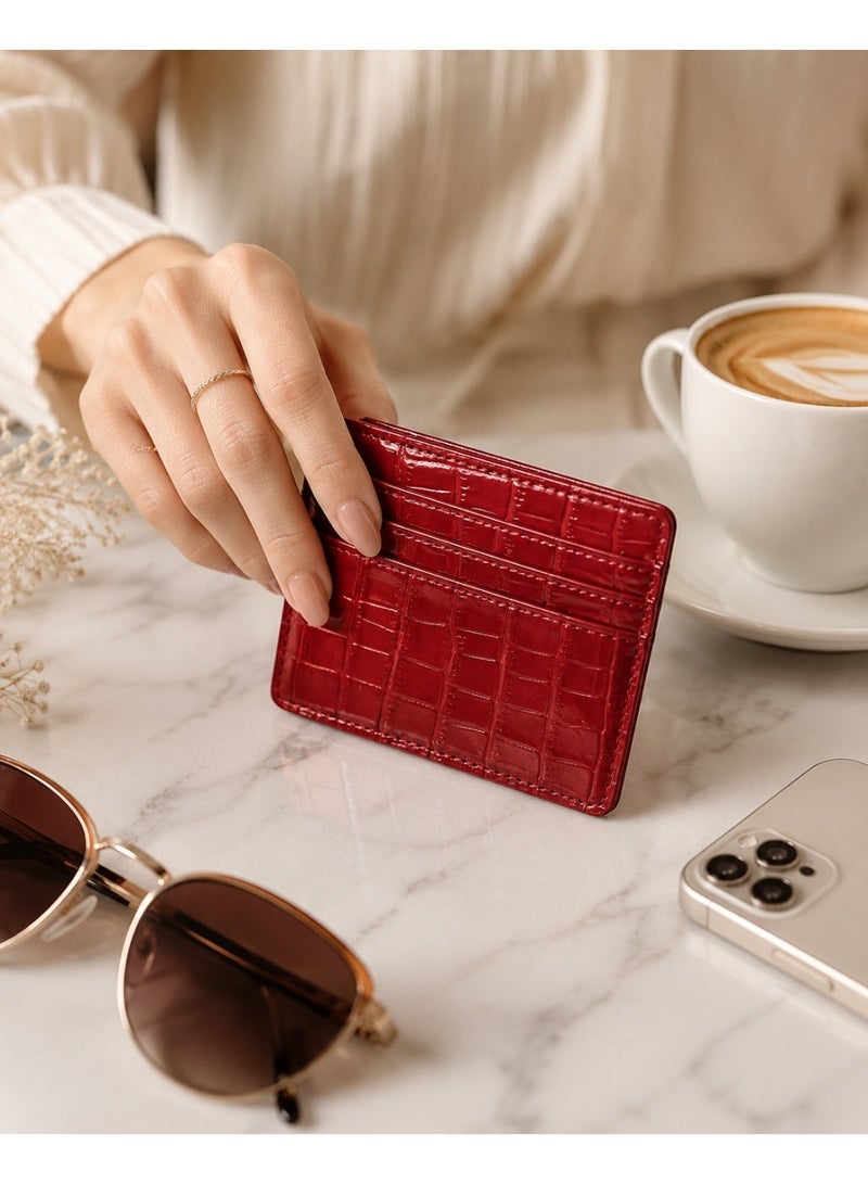 zoba Small women's wallet with a glossy crocodile leather design – multi-pocket card and wallet – slim wallet for Visa, cash, and ID – red color - Image 4