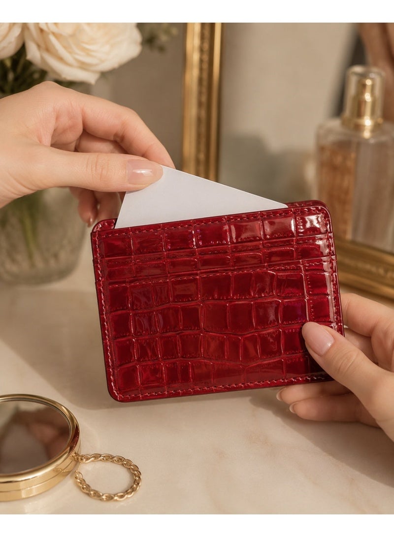 zoba Small women's wallet with a glossy crocodile leather design – multi-pocket card and wallet – slim wallet for Visa, cash, and ID – red color - Image 3