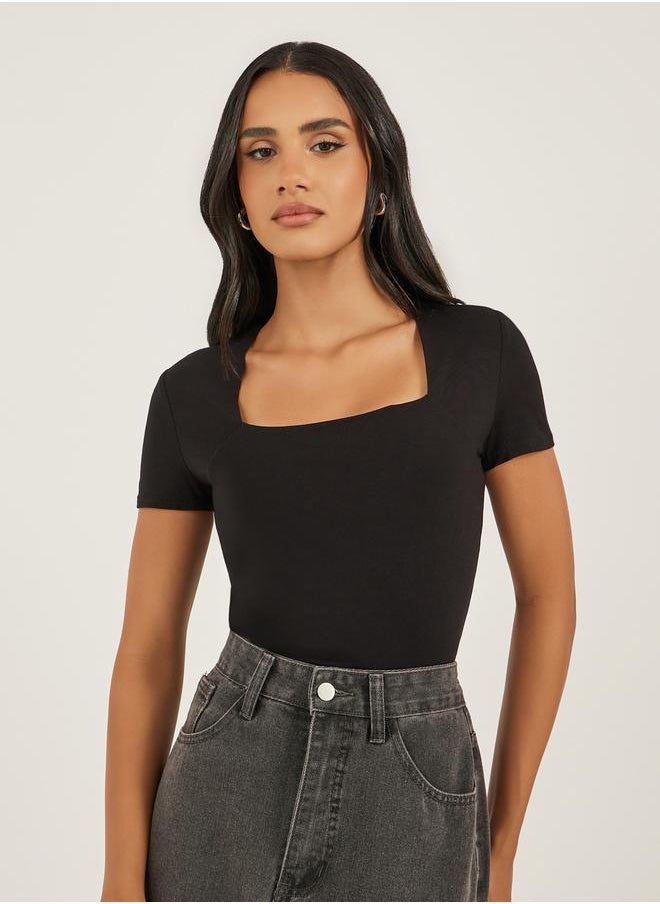 Styli - Solid Square Neck Fitted Short Sleeve T-Shirt - Image 1
