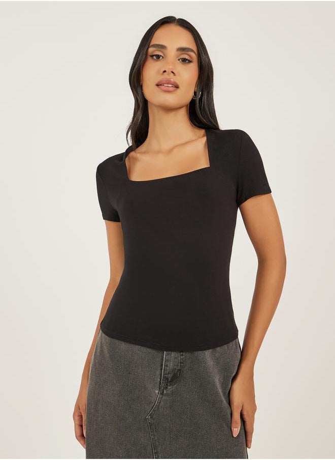 Styli - Solid Square Neck Fitted Short Sleeve T-Shirt - Image 1