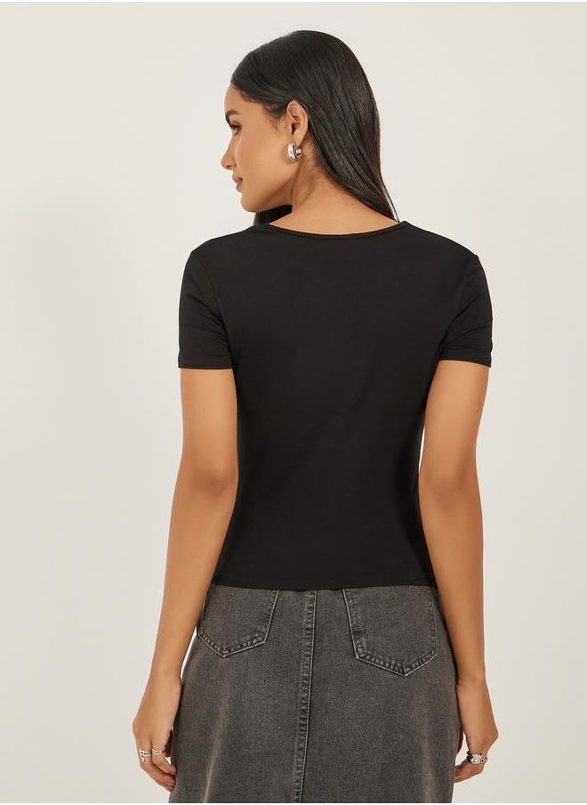 Styli - Solid Square Neck Fitted Short Sleeve T-Shirt - Image 1