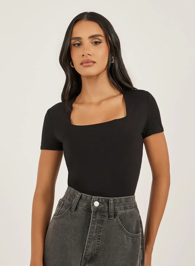 Styli Solid Square Neck Fitted Short Sleeve T-Shirt