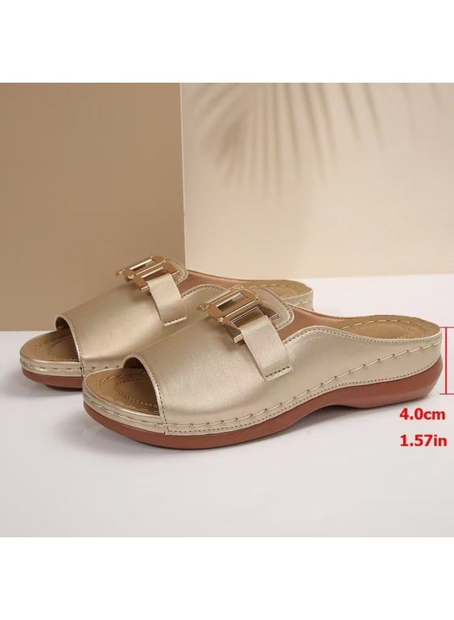 European And American Plus-size Women's Shoes, New Summer Models Solid Color Round-toe Metal Chain Casual Outdoor Slip-on Sandals For Women
