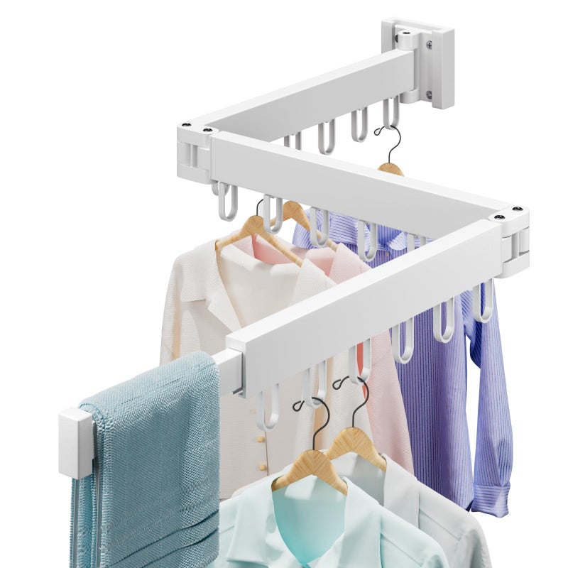 Abiglifty Clothes Drying Rack Wall Mounted, Laundry Drying Rack Collapsible, Foldable & Retractablewith 18 Hooks for Indoor/Outdoor Use inLaundry Room, Bathroom & Balcony (White) - Image 1