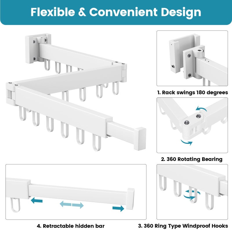 Abiglifty Clothes Drying Rack Wall Mounted, Laundry Drying Rack Collapsible, Foldable & Retractablewith 18 Hooks for Indoor/Outdoor Use inLaundry Room, Bathroom & Balcony (White) - Image 3