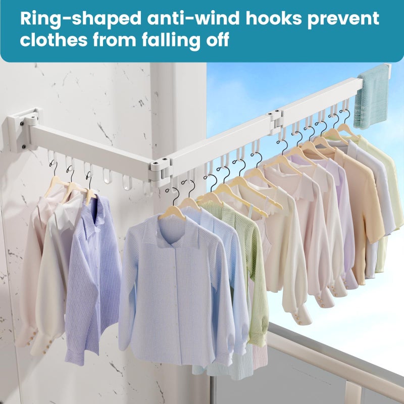 Abiglifty Clothes Drying Rack Wall Mounted, Laundry Drying Rack Collapsible, Foldable & Retractablewith 18 Hooks for Indoor/Outdoor Use inLaundry Room, Bathroom & Balcony (White) - Image 4