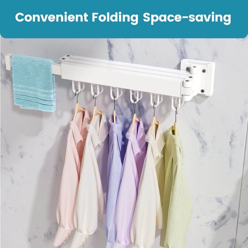 Abiglifty Clothes Drying Rack Wall Mounted, Laundry Drying Rack Collapsible, Foldable & Retractablewith 18 Hooks for Indoor/Outdoor Use inLaundry Room, Bathroom & Balcony (White) - Image 5