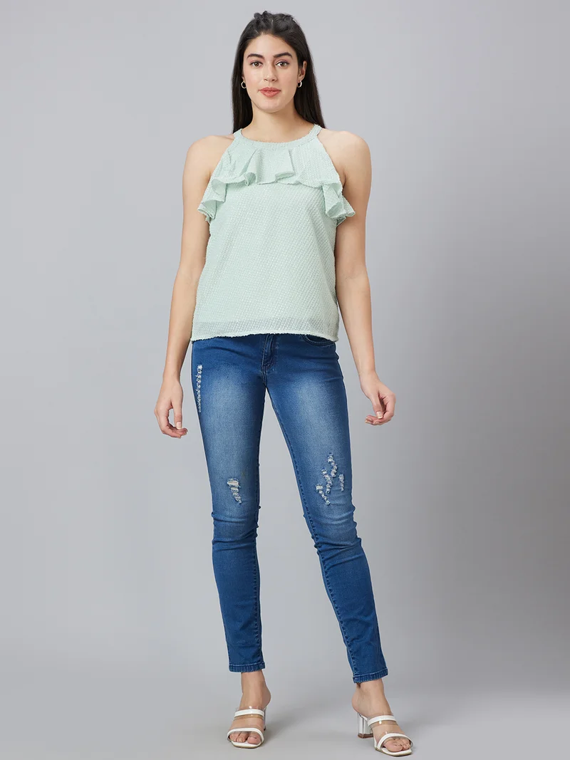 globus Women Self Design Ruffles A-Line Top