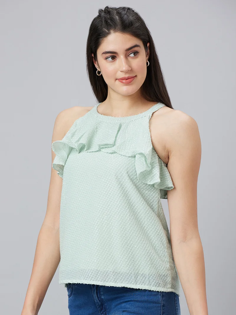 globus Women Self Design Ruffles A-Line Top