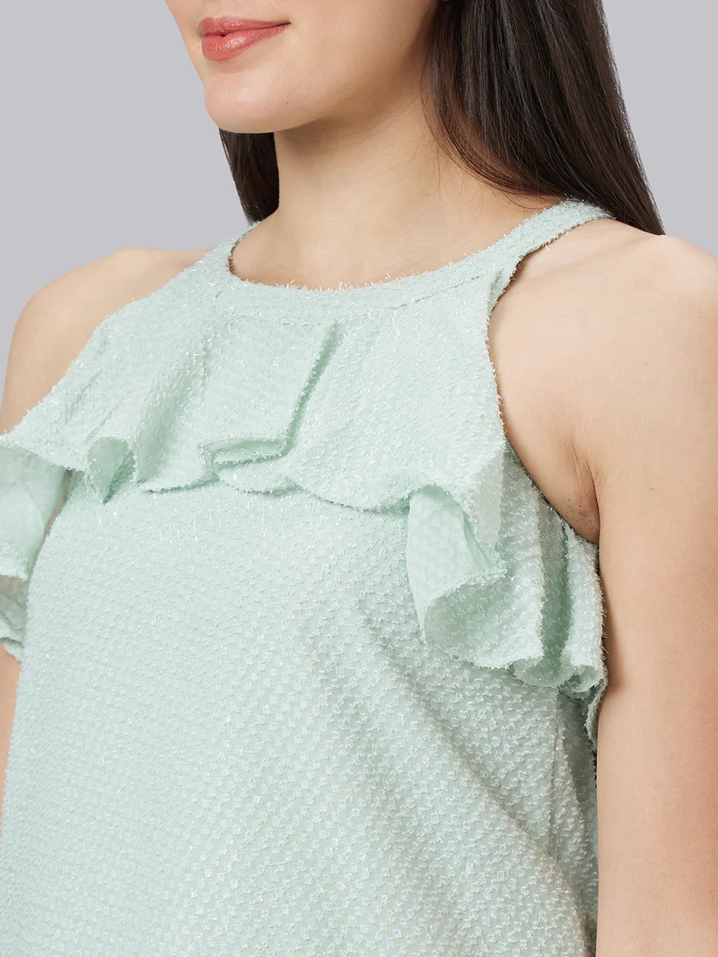 globus Women Self Design Ruffles A-Line Top