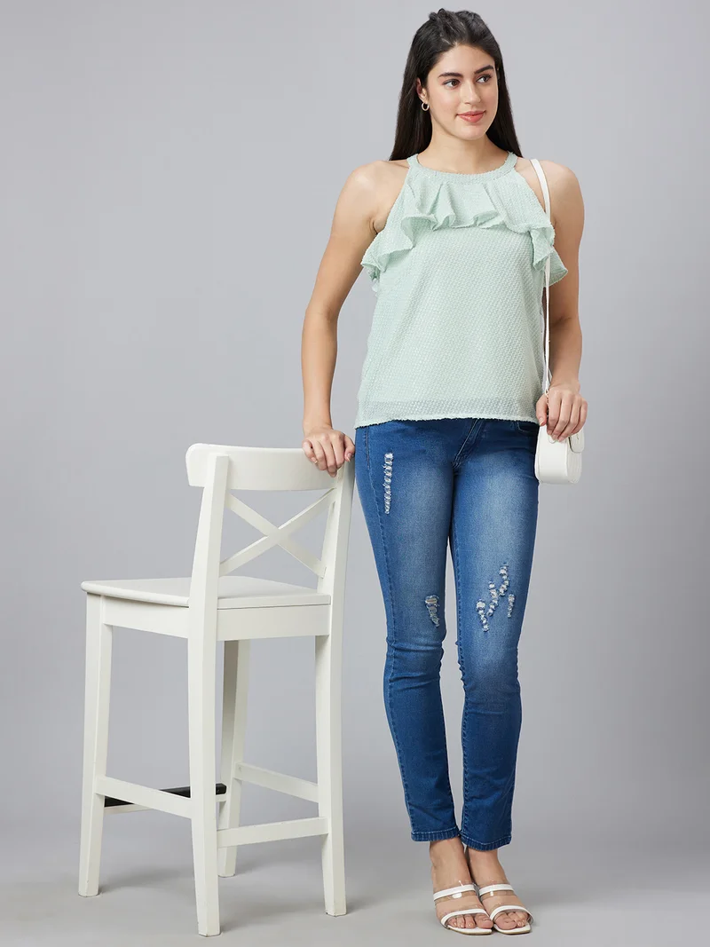 globus Women Self Design Ruffles A-Line Top
