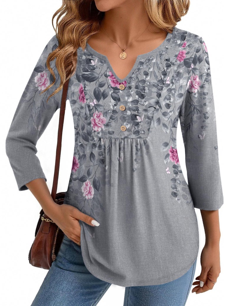 Zeagoo Tshirts for Women 3/4 Sleeve T Shirt Casual Pink Floral Tunics Pleated 2026 Loose Fit Basic Tee Outfits - Image 1