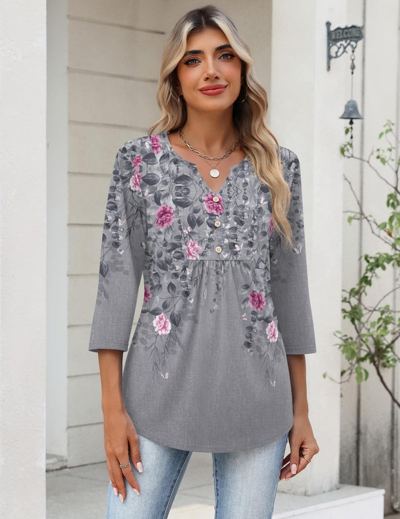Zeagoo Tshirts for Women 3/4 Sleeve T Shirt Casual Pink Floral Tunics Pleated 2026 Loose Fit Basic Tee Outfits - Image 2