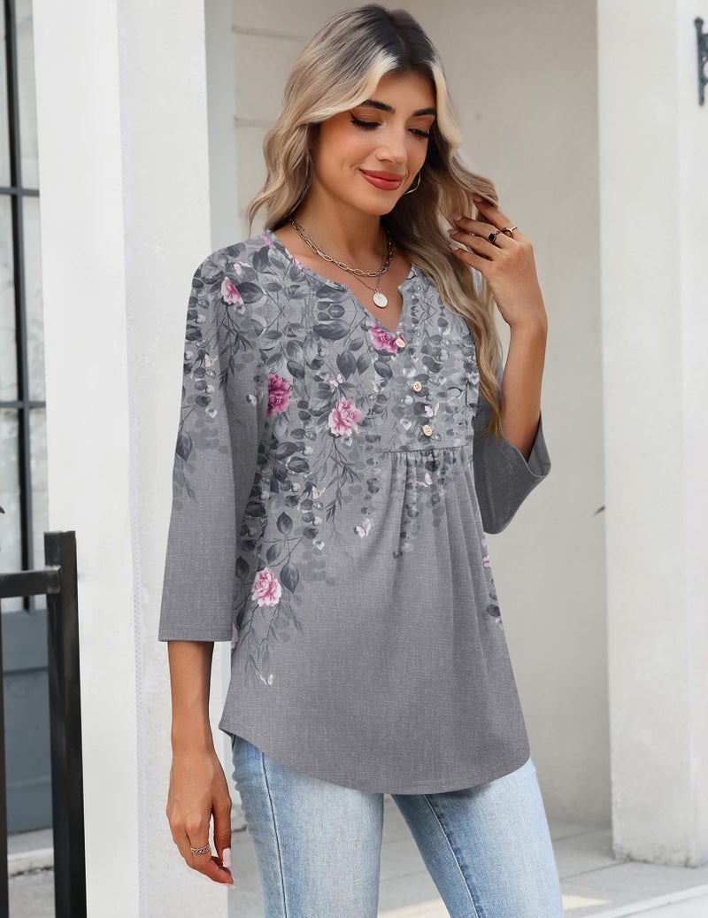 Zeagoo Tshirts for Women 3/4 Sleeve T Shirt Casual Pink Floral Tunics Pleated 2026 Loose Fit Basic Tee Outfits - Image 5