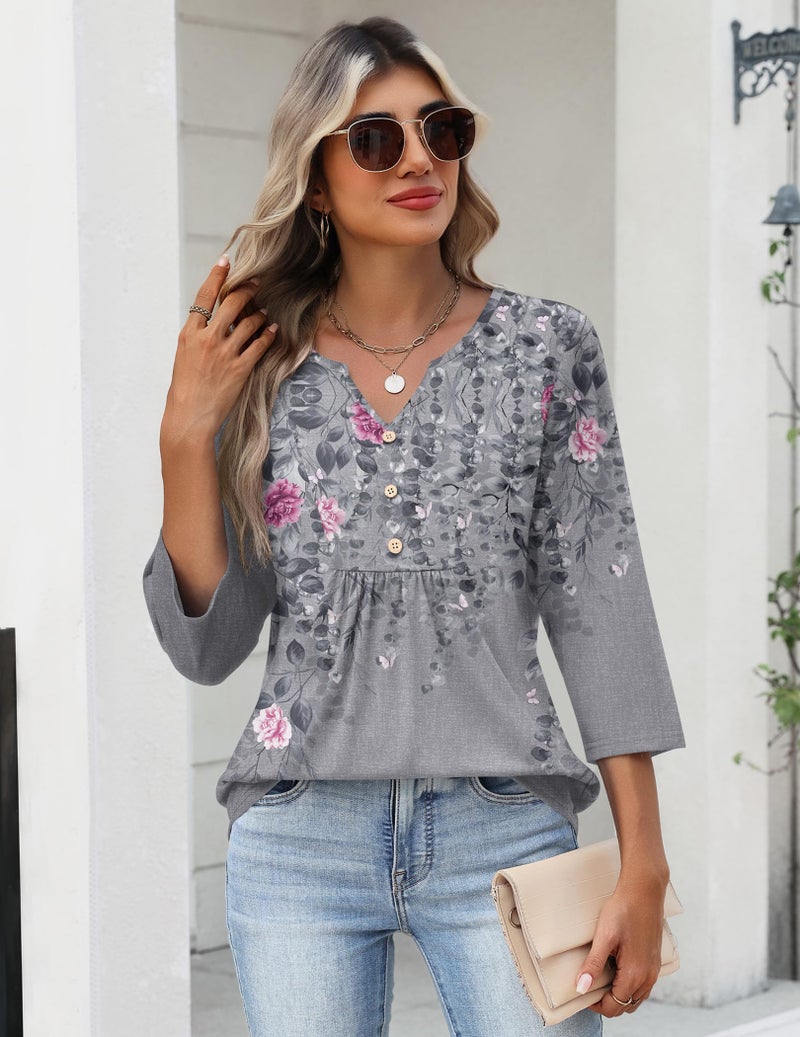 Zeagoo Tshirts for Women 3/4 Sleeve T Shirt Casual Pink Floral Tunics Pleated 2026 Loose Fit Basic Tee Outfits - Image 3