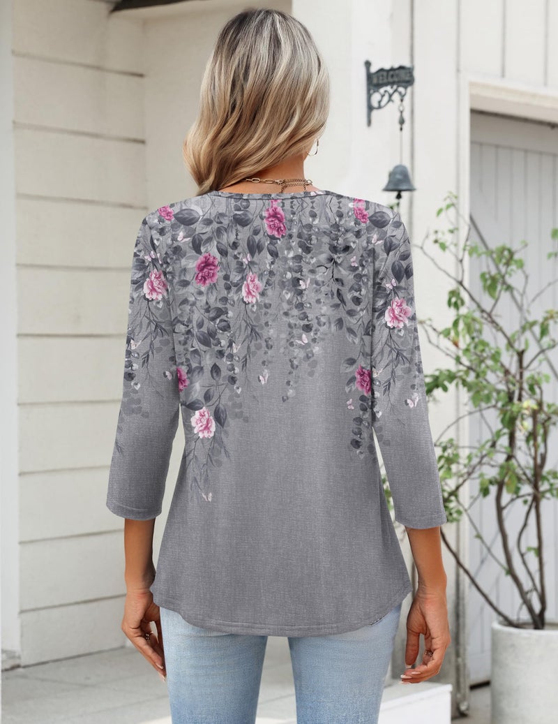Zeagoo Tshirts for Women 3/4 Sleeve T Shirt Casual Pink Floral Tunics Pleated 2026 Loose Fit Basic Tee Outfits - Image 4