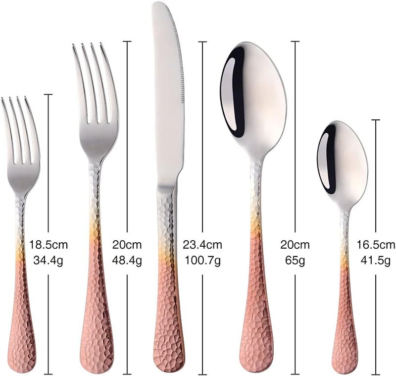 BISDARUN Hammered Silverware Set 20 Piece Flatware Utensils Premium Stainless Steel Kitchen Dinner Cutlery Sets of 4 Mirror Polish Dishwasher Safe Gradient Rose Gold - Image 2
