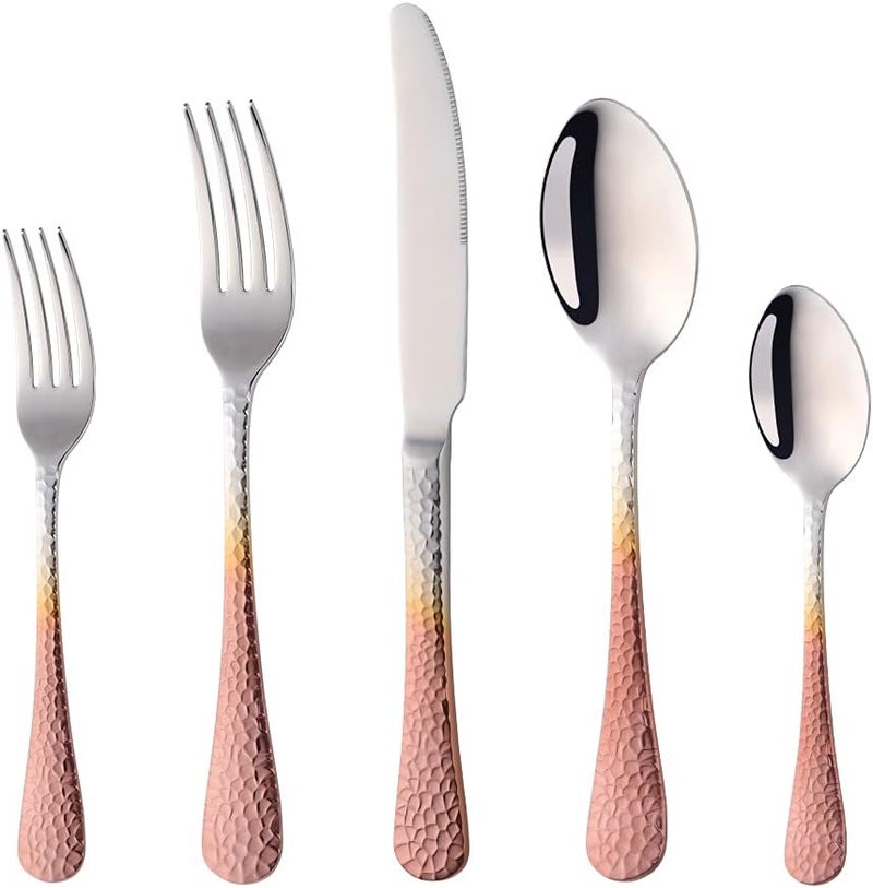 BISDARUN Hammered Silverware Set 20 Piece Flatware Utensils Premium Stainless Steel Kitchen Dinner Cutlery Sets of 4 Mirror Polish Dishwasher Safe Gradient Rose Gold - Image 1
