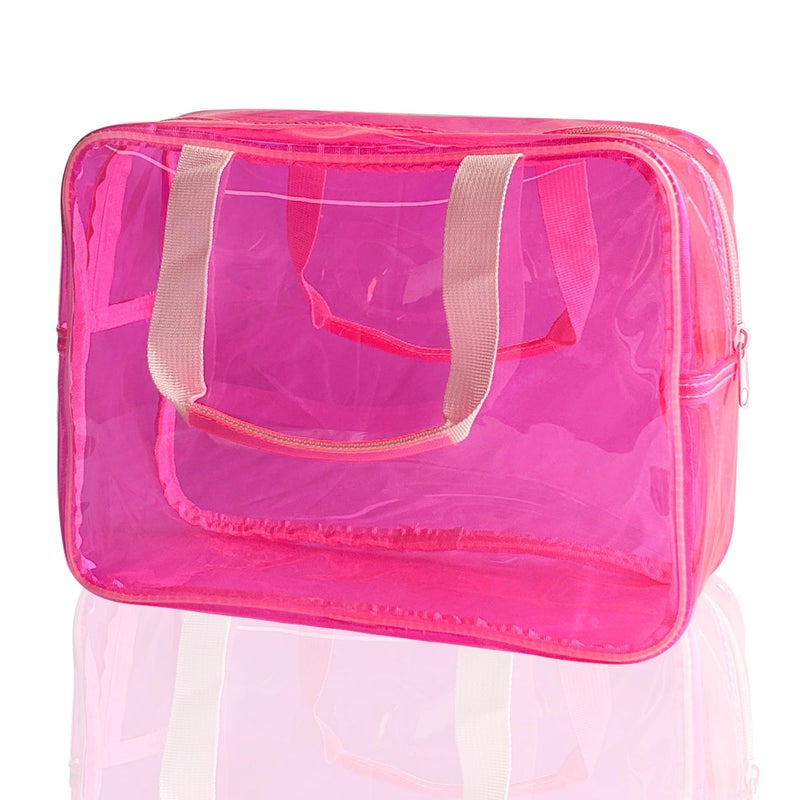 TotePrint PVC Clear Pure Color Transparent Large Zipper Cosmetic Pouch Travel Makeup Cosmetic Bag with Handle for Travel Bathroom Toiletry Organizer Hot Pink - Image 2