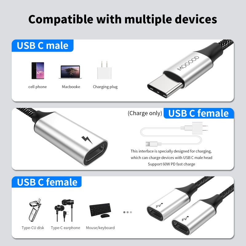 MOGOOD USB C to USB C Female Adapter USB Splitter Y Cable,(NOT for Monitor) USB C Male to 3 USB-C Female Cord Converter,3 Port Hub Charger Power Split Adapter for Mac,Xbox One Series X/S,PS5,Laptop - Image 5