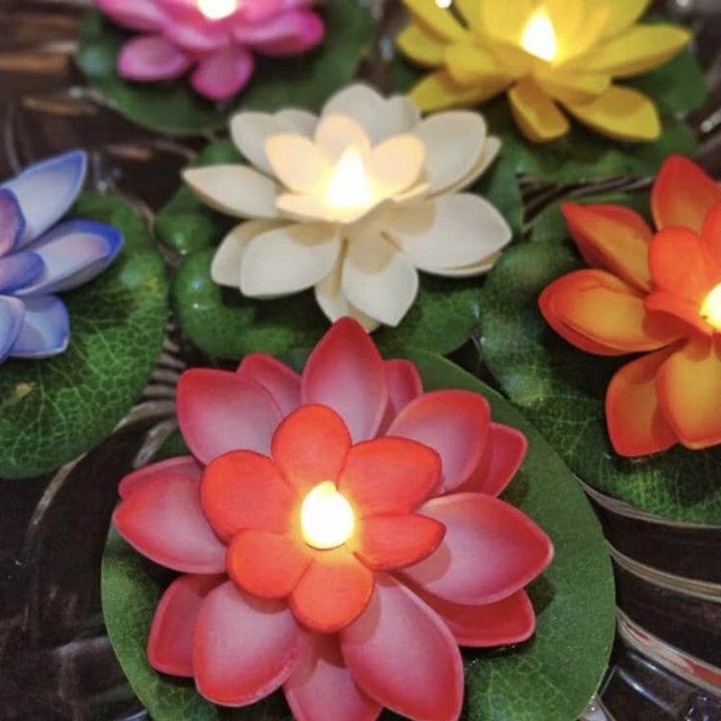 SIXFIRE Flameless Waterproof Battery Operated Artificial Floating Led Lotus Candle For Pool, Glass Bowl For Diwali Decoration (Set 0F 4, Multicolour) - Image 1