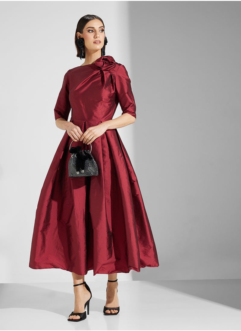 Namshi x - A-Line Dress With Box Pleat & Corsage - Image 1