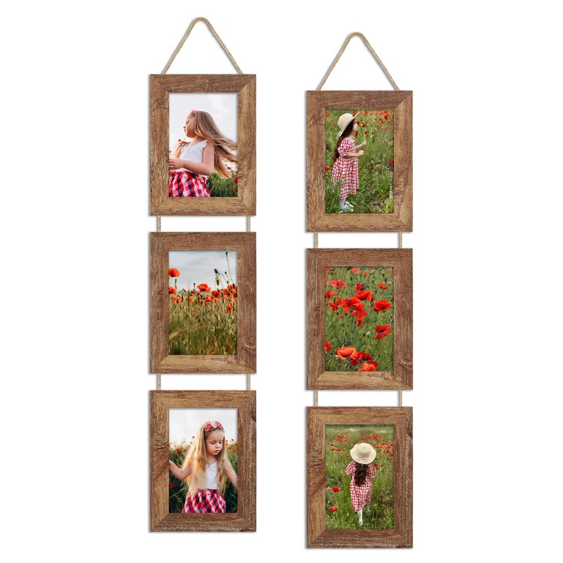 ccdcc 4x6 Collage Picture Frames Set of 2, Rustic Wooden Real Glass Vertical Hanging 3 Opening 4 by 6 Photo Frame, Rustic Brown - Image 1