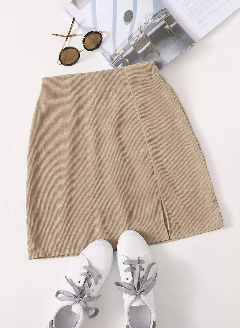 Split Hem Zipper Back Corduroy Skirt  - Image 1
